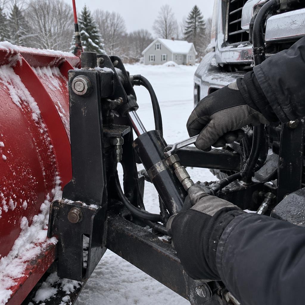 Gloved hands tightening a hydraulic fitting on a red snowplow blade during Fisher plow repair