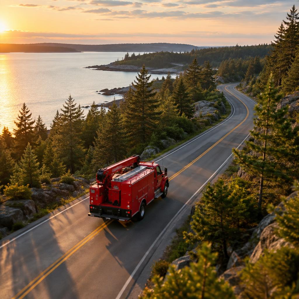Red mobile service truck driving a coastal Maine road toward an on-site repair