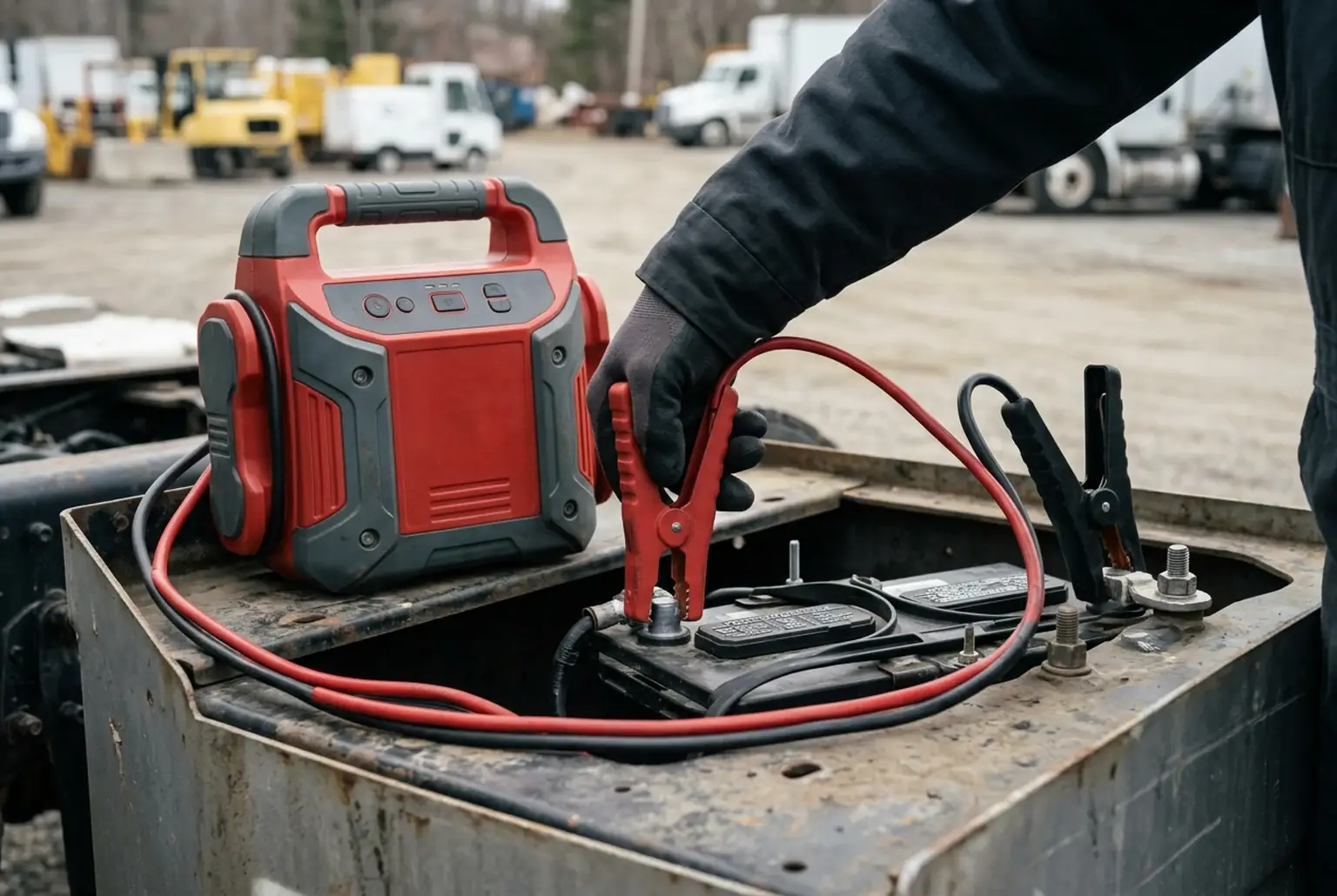 Gloved hand connecting a portable jump starter clamp to a commercial truck battery