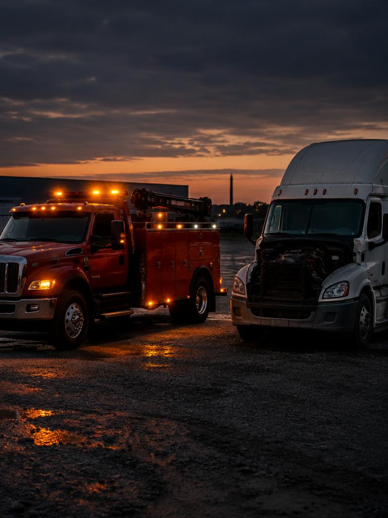 Red mobile repair truck arriving beside a broken-down semi truck at dusk