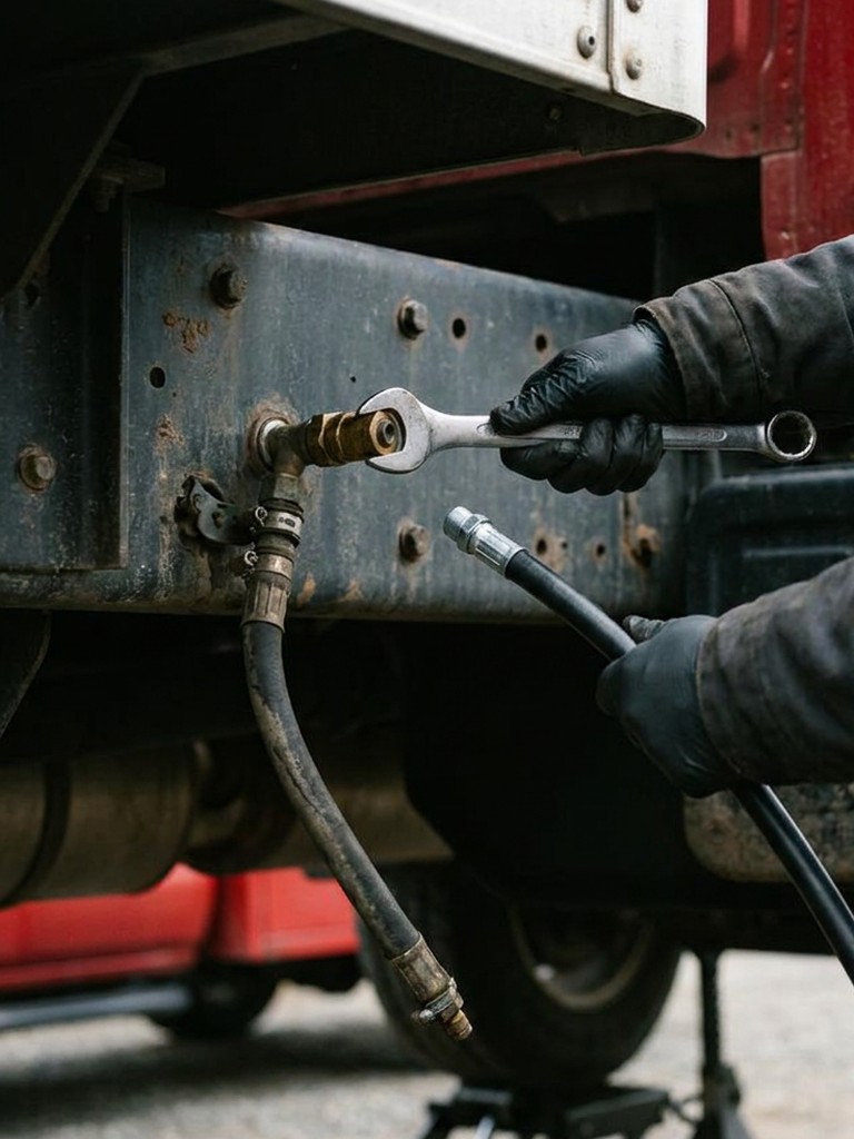Gloved hands wrenching a brass air-line fitting on a heavy truck chassis frame during on-site repair