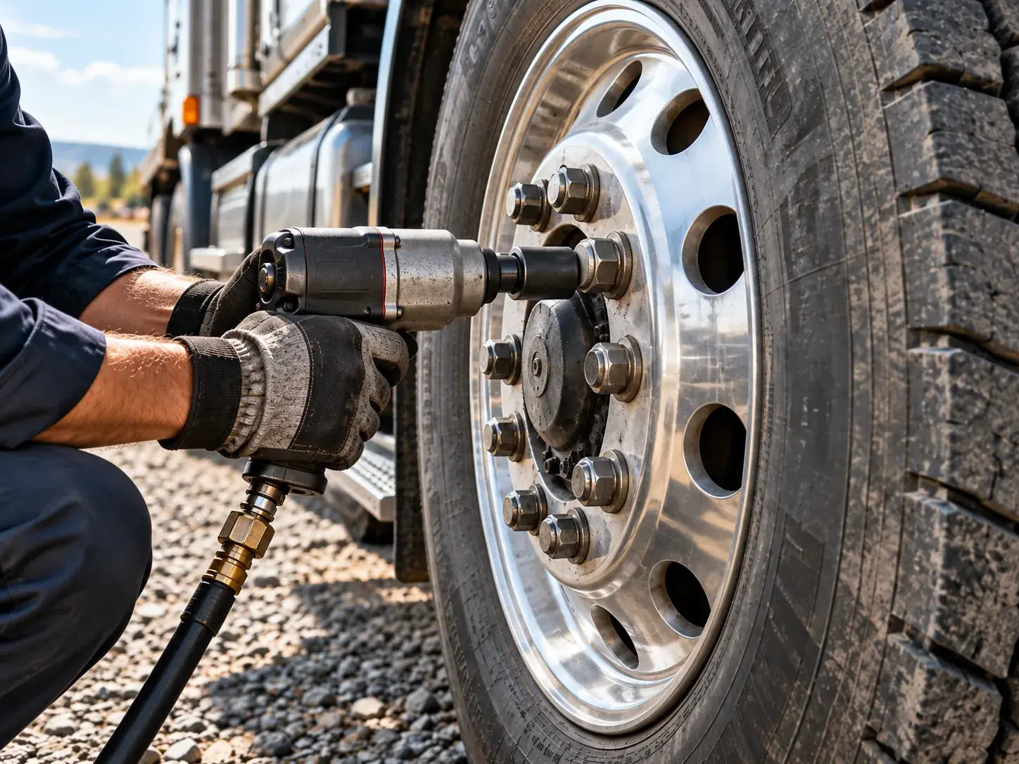 Mechanic kneeling beside a truck wheel running an impact wrench over a lug nut during on-site tire service